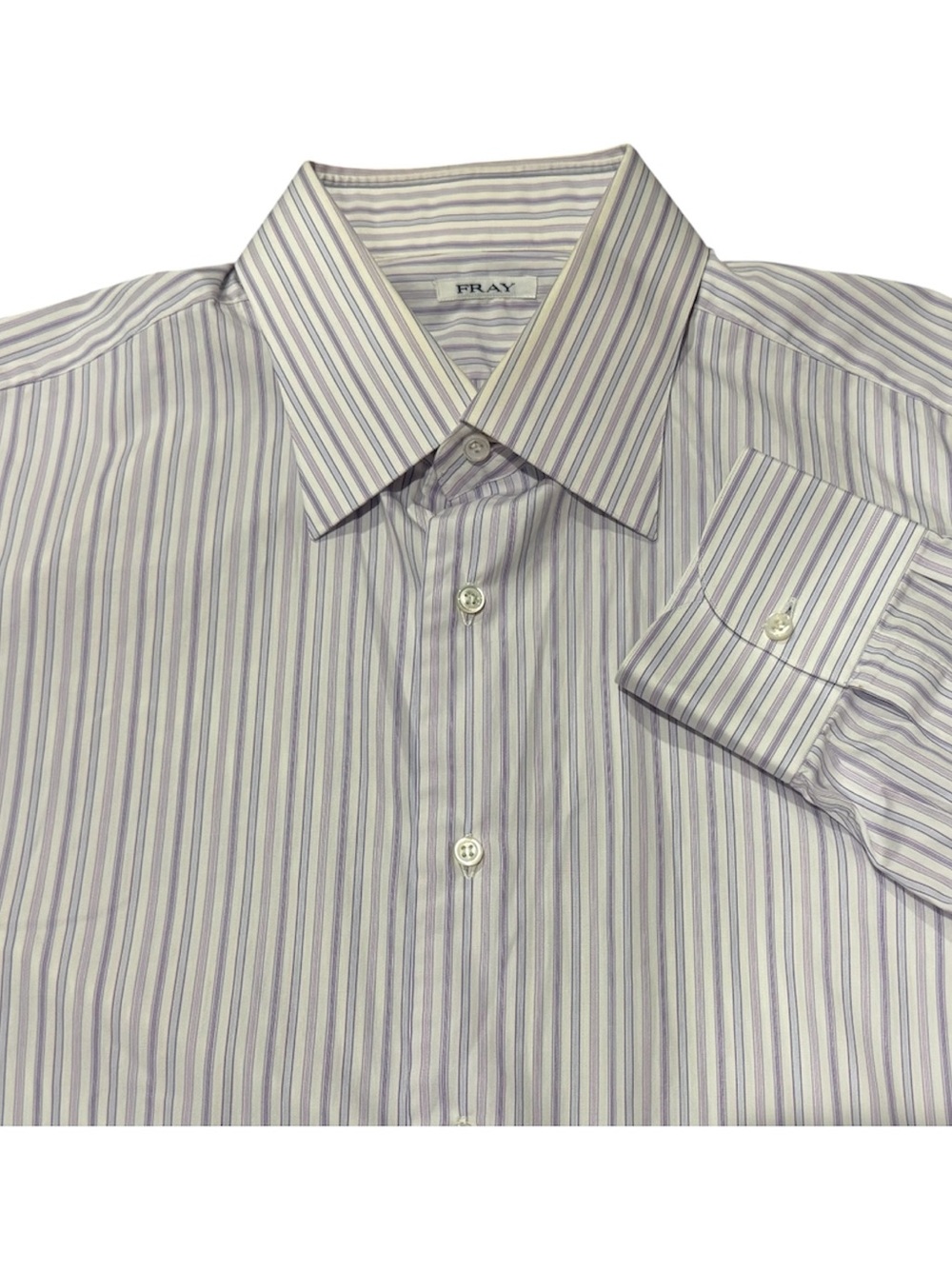 Fray Mens Italian Dress Shirt Size 44 17.5 in Purple Blue Stripe 100% Cotton